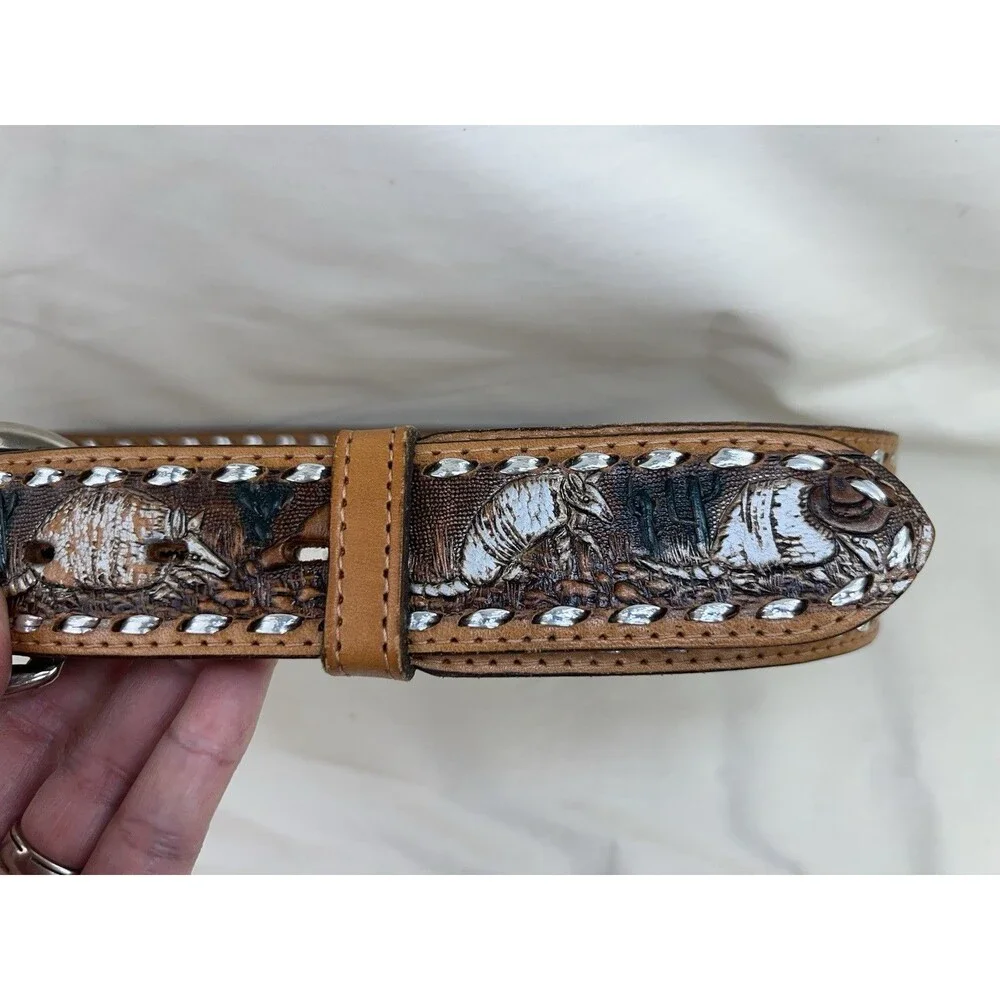 Vtg‎ Circle Y Womens Western Animal Scene Stamped Angie Tooled Belt Leather 32